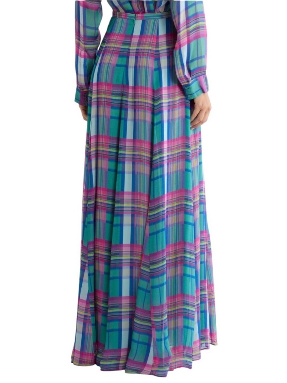 NWT L’Agence Patricia Plaid Maxi Skirt Teal Pink Sz 2 - Picture 3 of 12